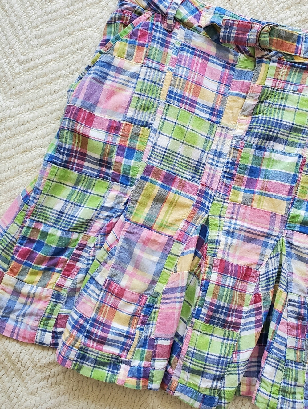 Y2K Pastel Madras Plaid Patchwork Godet Hem Preppy Mini Skirt 100% Cotton